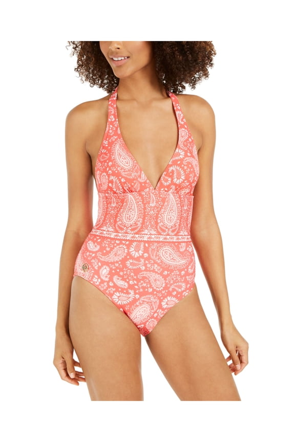 Women's Red Printed Stretch Removable Cups Lined Deep V Neck Moderate Coverage Halter One Piece Swimsuit 4