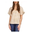 thumbnail image 1 of MICHAEL MICHAEL KORS Womens Beige Ruffled Slit Round Back Hem Paisley Short Sleeve V Neck Top XS, 1 of 4