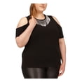 thumbnail image 1 of MICHAEL MICHAEL KORS Womens Black Cold Shoulder Rhinestone Fringe Short Sleeve Crew Neck T-Shirt Plus 2X, 1 of 3