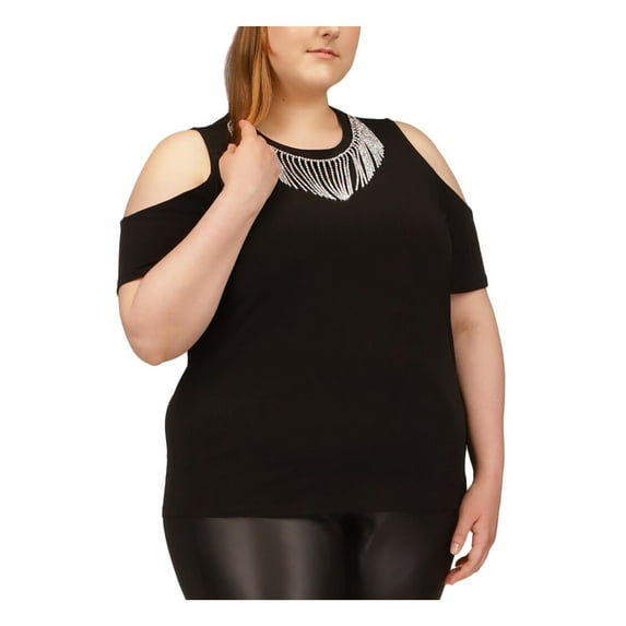 MICHAEL MICHAEL KORS Womens Black Cold Shoulder Rhinestone Fringe Short Sleeve Crew Neck T-Shirt Plus 2X