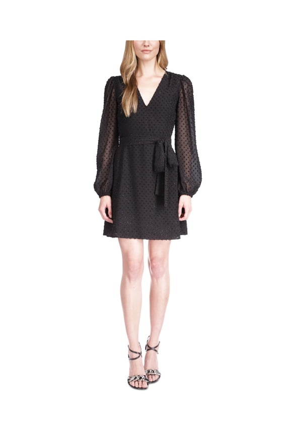 Womens Black Lined Tie Long Sleeve Surplice Neckline Short Party Wrap Dress XS