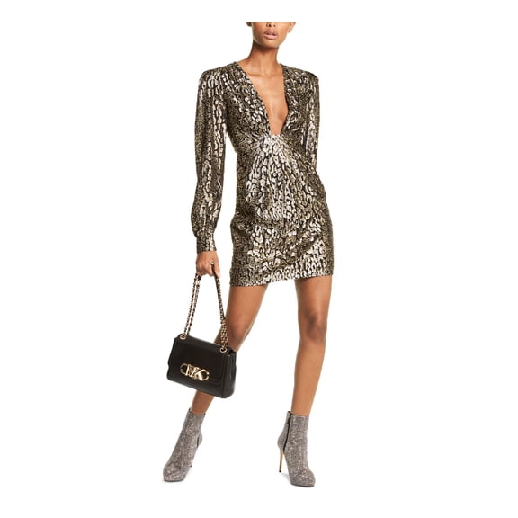 MICHAEL MICHAEL KORS Womens Black Metallic Gathered Buttoned Cuffs Zippered Lined Animal Print Blouson Sleeve V Neck Mini Party Sheath Dress 4