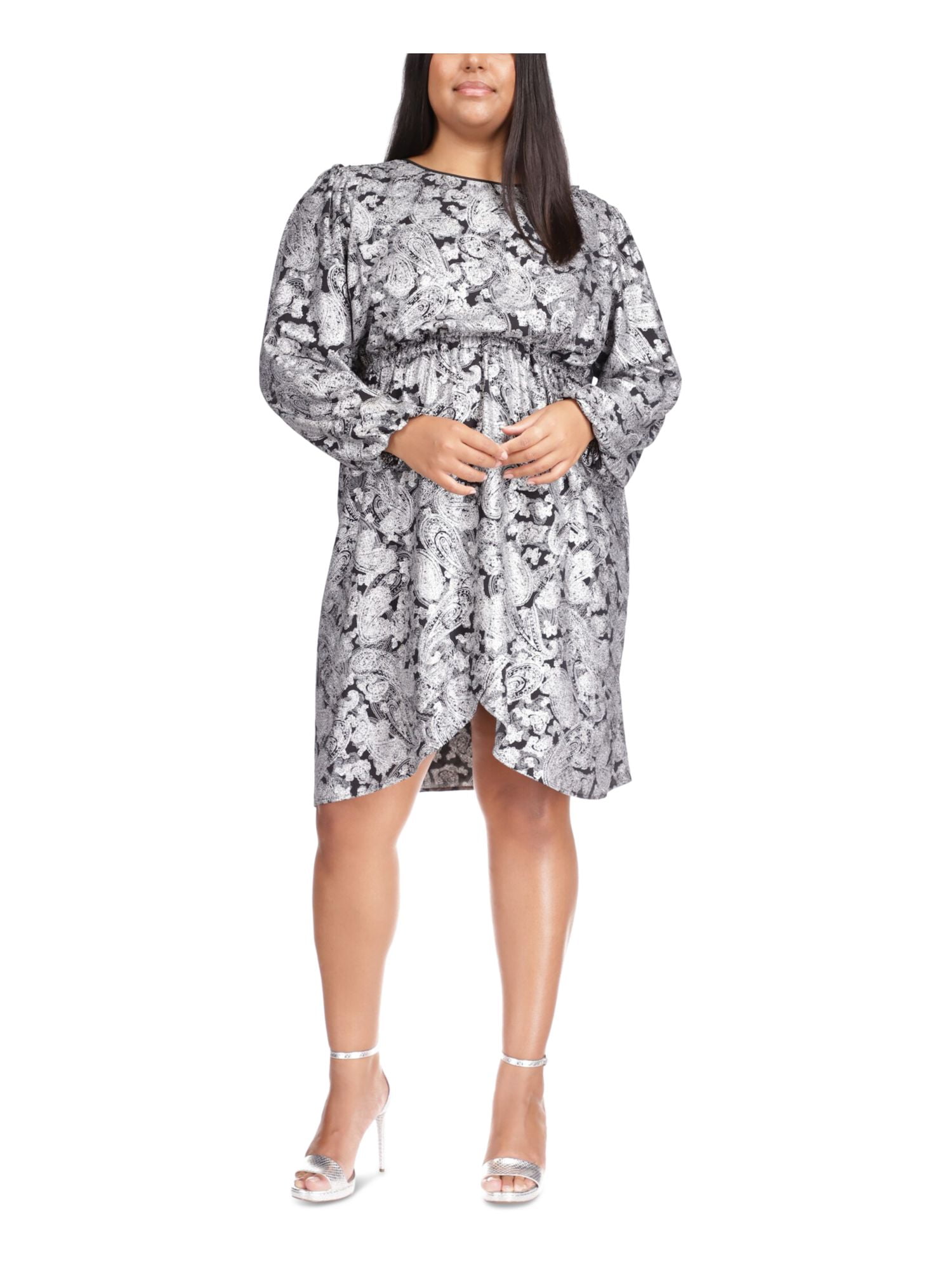 FOXIEDOX Womens Black Zippered Tie Stitched-hem Printed Pouf Sleeve V Neck Midi Evening Empire Waist Dress