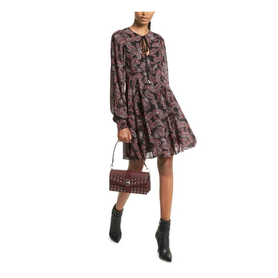 MICHAEL MICHAEL KORS Womens Black Zippered Lined Cut Out Paisley Long Sleeve Tie Neck Short Baby Doll Dress 10
