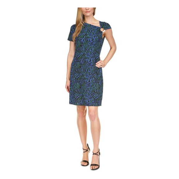 MICHAEL MICHAEL KORS Womens Blue Unlined Pullover O-ring Detail Printed Short Sleeve Asymmetrical Neckline Short Party Sheath Dress S