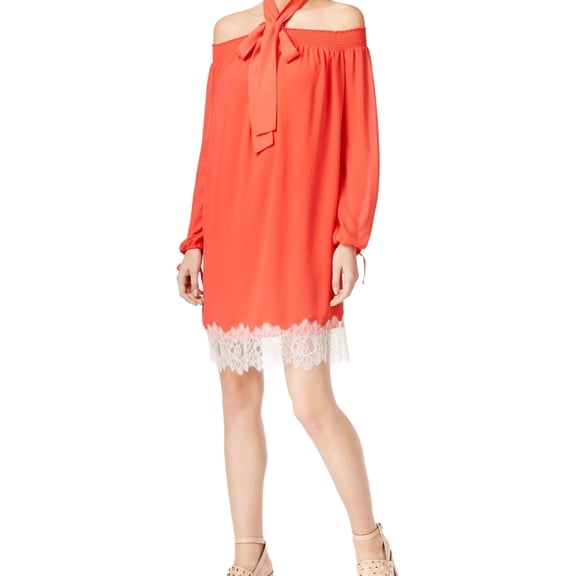 MICHAEL MICHAEL KORS Womens Coral Pleated Lace Trim Halter Above The Knee Shift Dress S