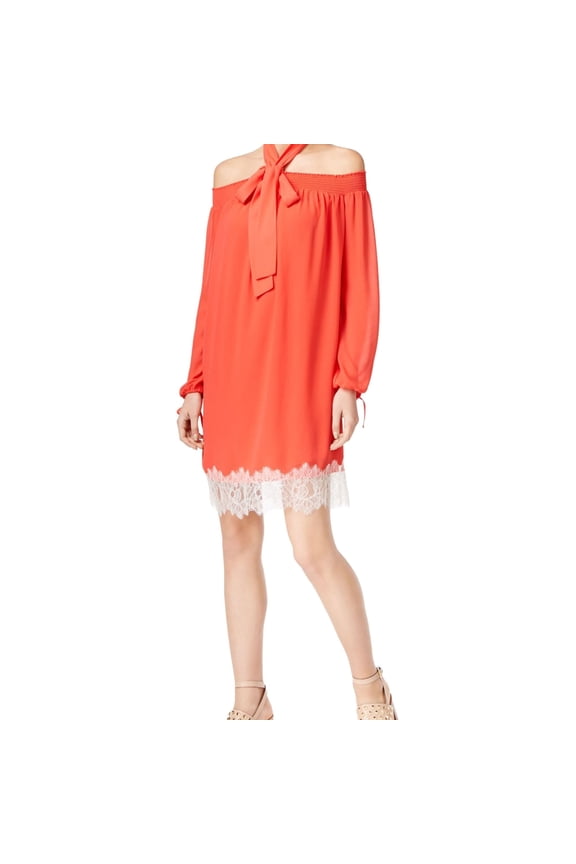 MICHAEL MICHAEL KORS Womens Coral Pleated Lace Trim Halter Above The Knee Shift Dress S