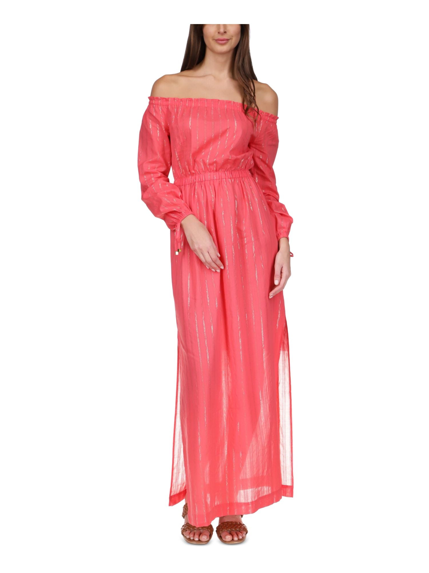 MICHAEL MICHAEL KORS Womens Coral Ruched Slitted Unlined Long Sleeve Off  Shoulder Maxi Evening Fit + Flare Dress M - Walmart.com