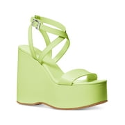MICHAEL MICHAEL KORS Womens Green Padded Logo Hardware At Buckle Asymmetrical Strappy Paola Square Toe Wedge Buckle Leather Heeled Sandal 9.5