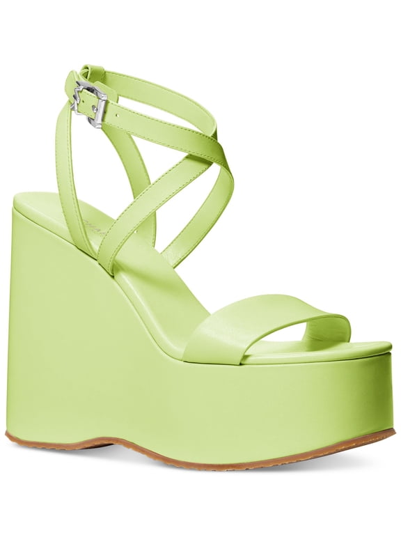 Womens Green Padded Logo Hardware At Buckle Asymmetrical Strappy Paola Square Toe Wedge Buckle Leather Heeled Sandal 9.5