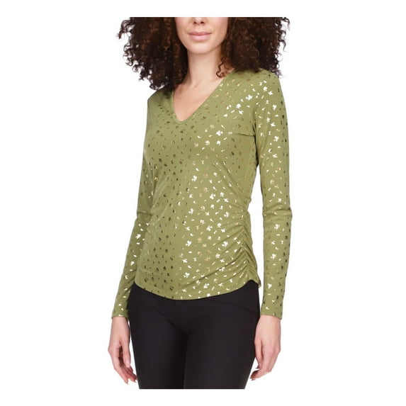 MICHAEL MICHAEL KORS Womens Green Ruched Long Sleeve V Neck Top S