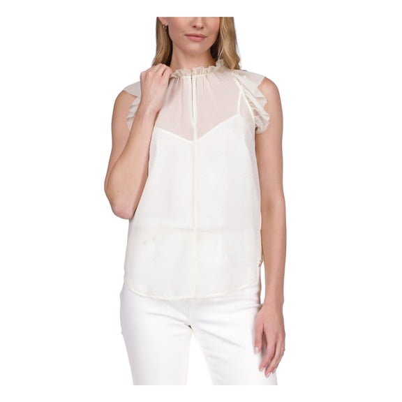 MICHAEL MICHAEL KORS Womens Ivory Ruffled Sheer Dewdrop Lined Hook And Eye Polka Dot Short Sleeve Split Top S