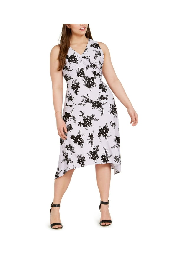 MICHAEL MICHAEL KORS Womens Light Purple Floral Sleeveless V Neck Knee Length Trapeze Dress Plus 2X