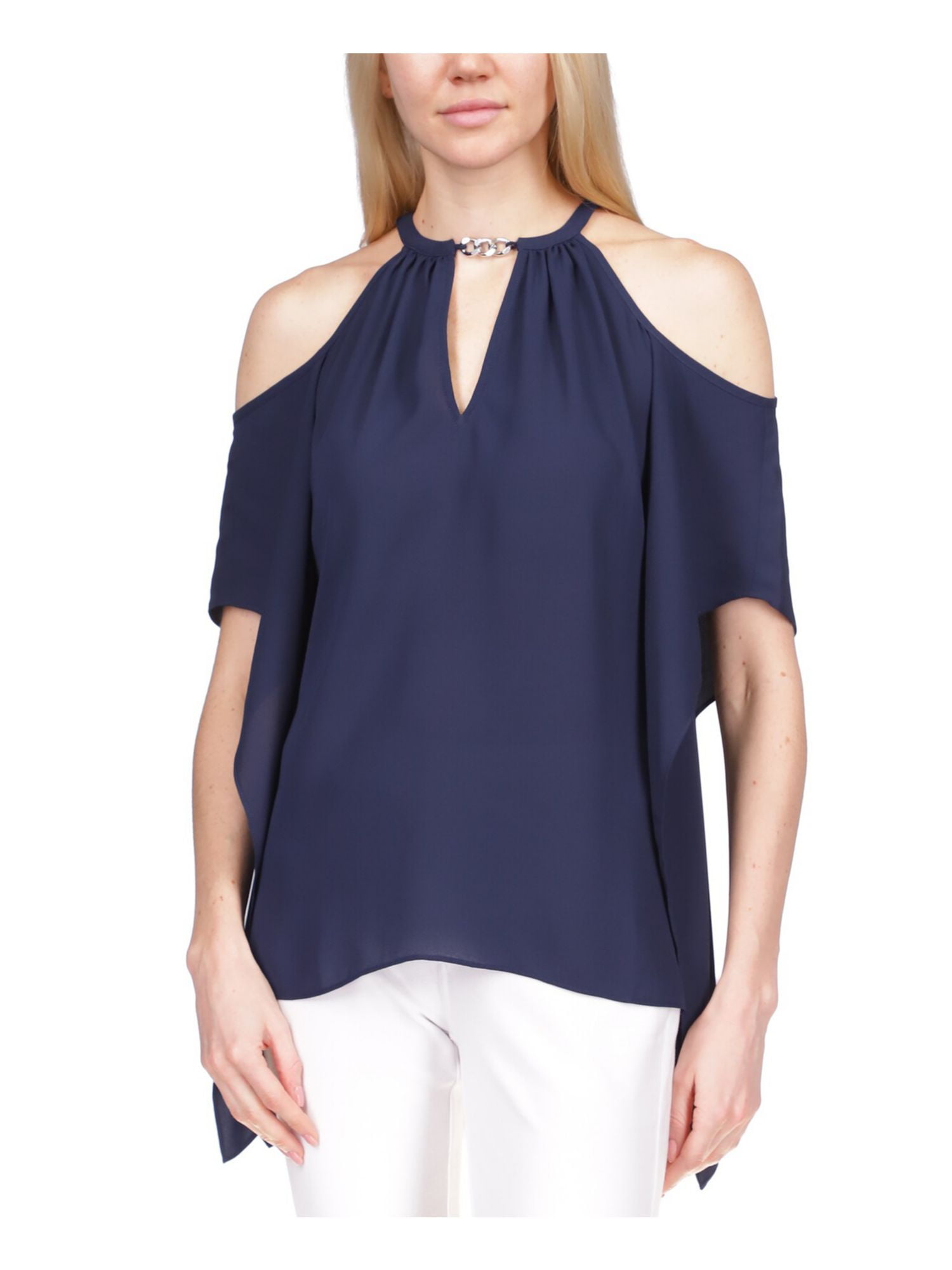 MICHAEL MICHAEL KORS Womens Navy Cut Out Cold Shoulder Handkerchief Hem Elbow Sleeve Round Neck Top XXS Walmart