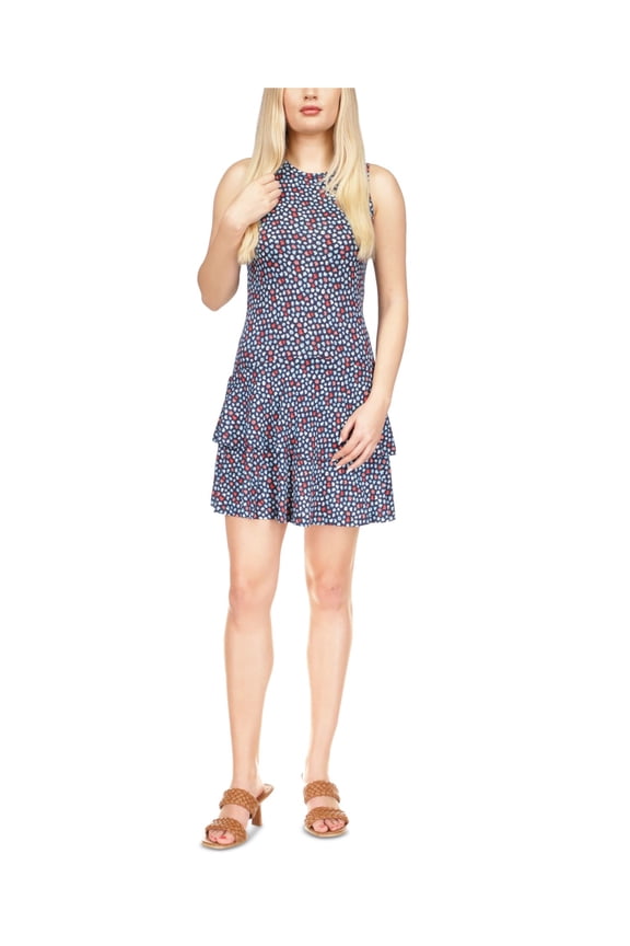 Womens Navy Ruffled Pullover Unlined Printed Sleeveless Crew Neck Short Fit + Flare Dress M