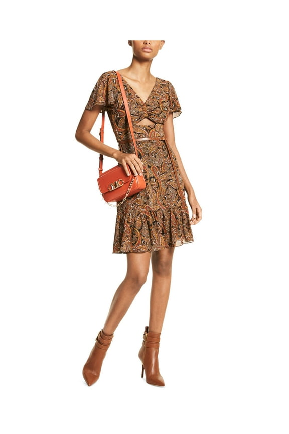 MICHAEL MICHAEL KORS Womens Orange Cut Out Zippered Ruched Lined Sheer Ruffled Paisley Flutter Sleeve V Neck Short Fit + Flare Dress 6