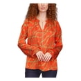 thumbnail image 1 of MICHAEL MICHAEL KORS Womens Orange Gathered Unlined Chain Tie Logo Graphic Long Sleeve Split Top XS, 1 of 4
