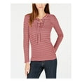 thumbnail image 1 of MICHAEL MICHAEL KORS Womens Orange Ribbed Lace Up Grommet Trim Striped Long Sleeve Split Top M, 1 of 3