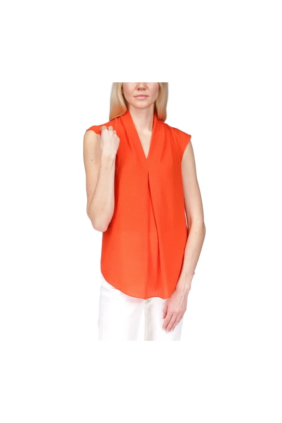 Womens Orange Textured Pleated Curved Hem Cap Sleeve V Neck Top S