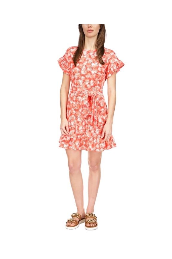 Womens Orange Zippered Textured Ruffled Tiered Tie Waist Printed Short Sleeve Round Neck Short Party Fit + Flare Dress S