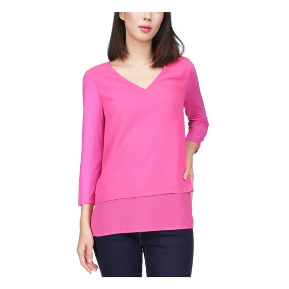 MICHAEL MICHAEL KORS Womens Pink 3/4 Sleeve V Neck Tunic Top S