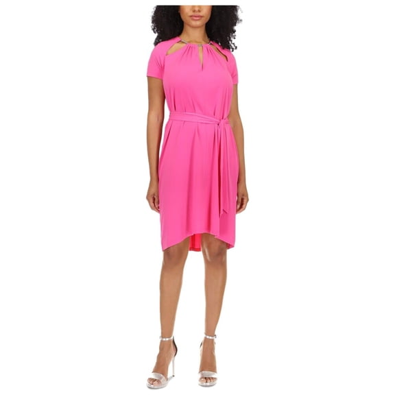 MICHAEL MICHAEL KORS Womens Pink Textured Zippered Cutout Chain Detail Tie-belt Short Sleeve Round Neck Short Hi-Lo Dress M