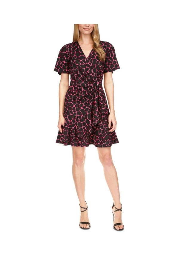 Womens Pink Zippered Textured O-ring Drape Front Short Sleeve Surplice Neckline Mini Faux Wrap Dress L