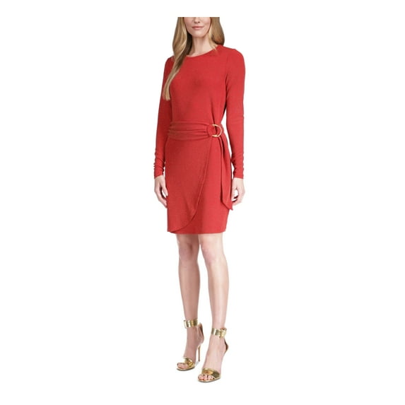 MICHAEL MICHAEL KORS Womens Red Metallic Tie D-ring Long Sleeve Crew Neck Above The Knee Faux Wrap Dress L