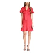 MICHAEL MICHAEL KORS Womens Red Ruffled Pullover Tie Detail Short Sleeve V Neck Short Party Fit + Flare Dress S