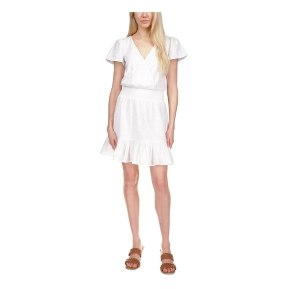 MICHAEL MICHAEL KORS Womens White Eyelet Smocked Pullover Lined Sheer Ruffled Flutter Sleeve Surplice Neckline Short A-Line Dress S
