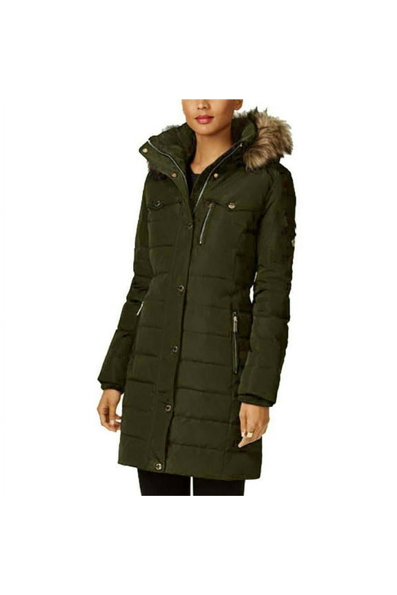 MICHAEL Michael Kors Women's Down Winter Coat with Faux Fur Hood (DarkMoss, XL)