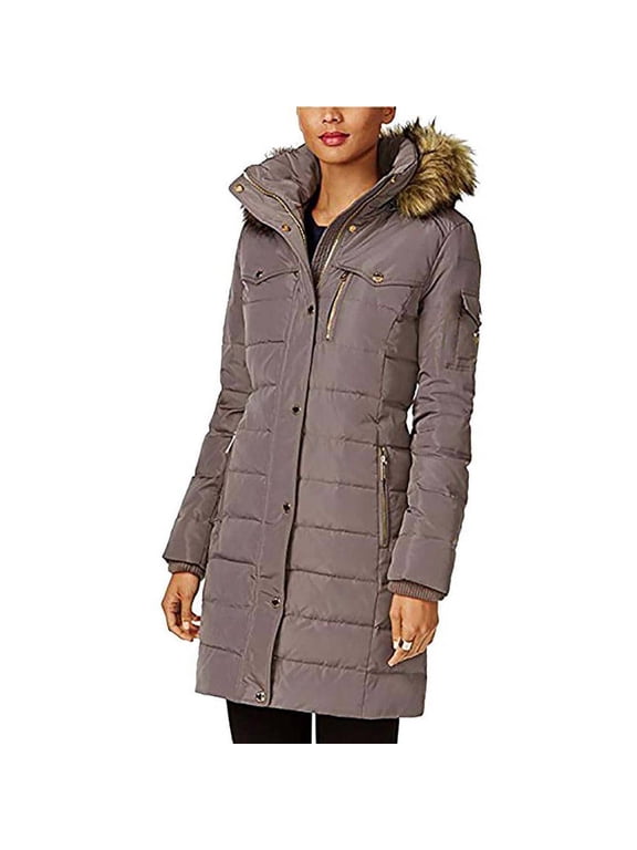 MICHAEL Michael Kors Women's Down Winter Coat with Faux Fur Hood (Flannel, XL)