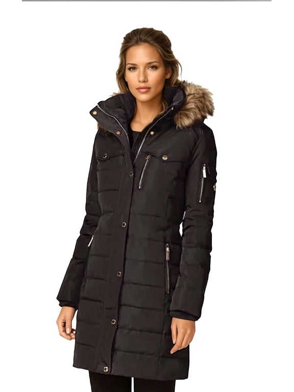 MICHAEL Michael Kors Women's Hooded Winter Coat with Zipper Pockets (Black, XL)