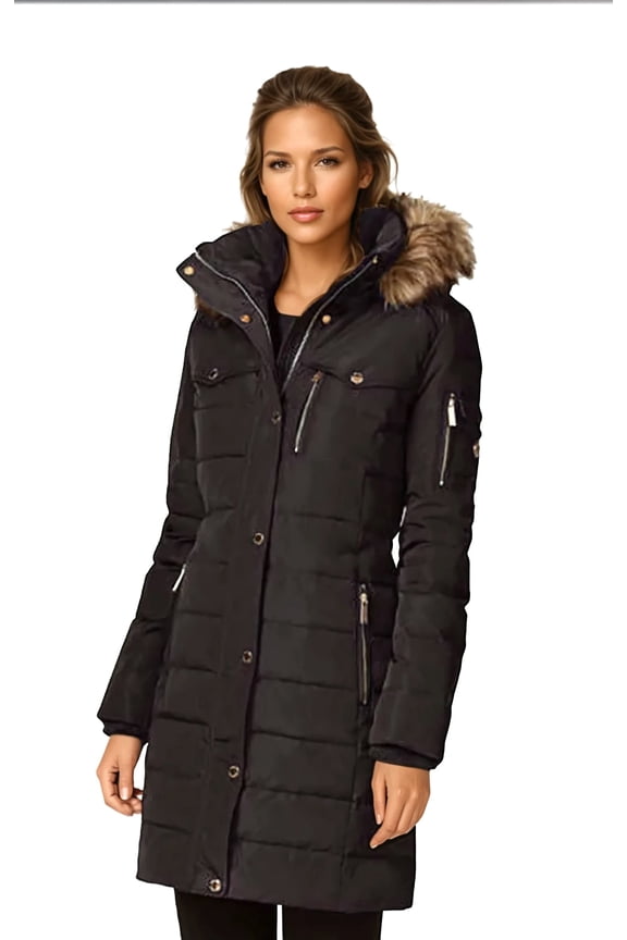 MICHAEL Michael Kors Women's Hooded Winter Coat with Zipper Pockets (Black, XXL)