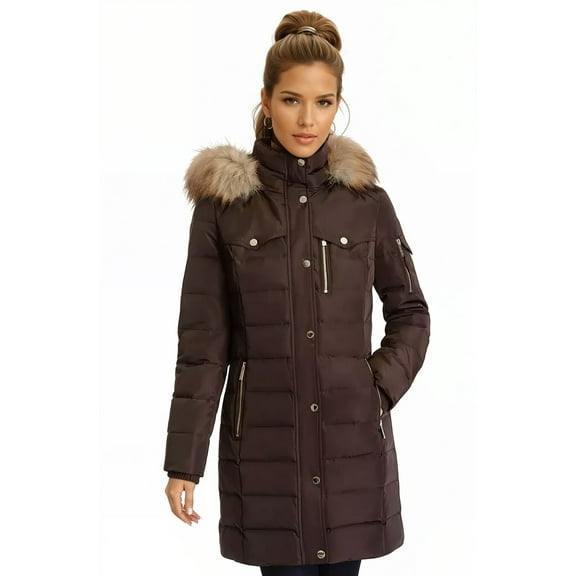 MICHAEL Michael Kors Women's Hooded Winter Coat with Zipper Pockets (Chocolate, XL)