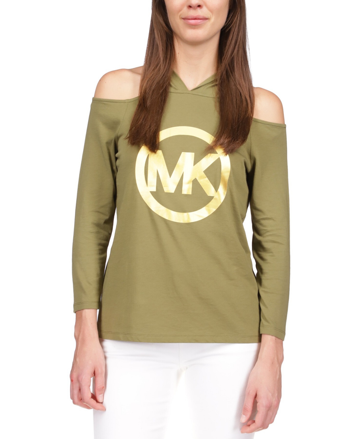 MICHAEL Michael Kors Women's Logo Cold-Shoulder Hoodie Top (S, Smoky Olive)