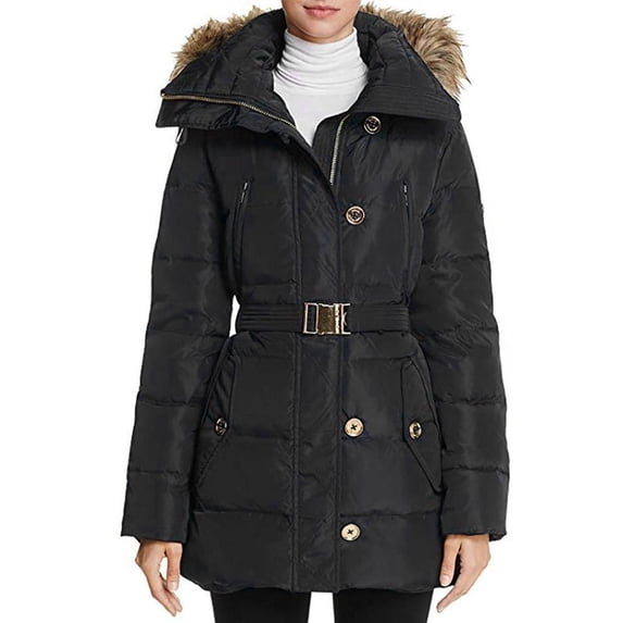 MICHAEL Michael Kors Women's Mid-Length Down Coat with Zip-Out Hood (S, Black)
