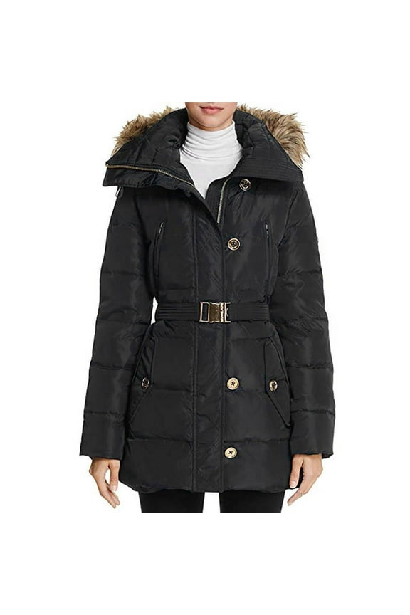 MICHAEL Michael Kors Women's Mid-Length Down Coat with Zip-Out Hood (S, Black)