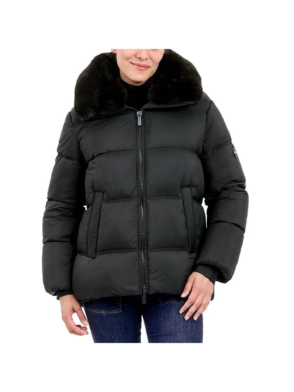MICHAEL Michael Kors Women's Puffer Jacket with Faux Fur Collar (Black, M)