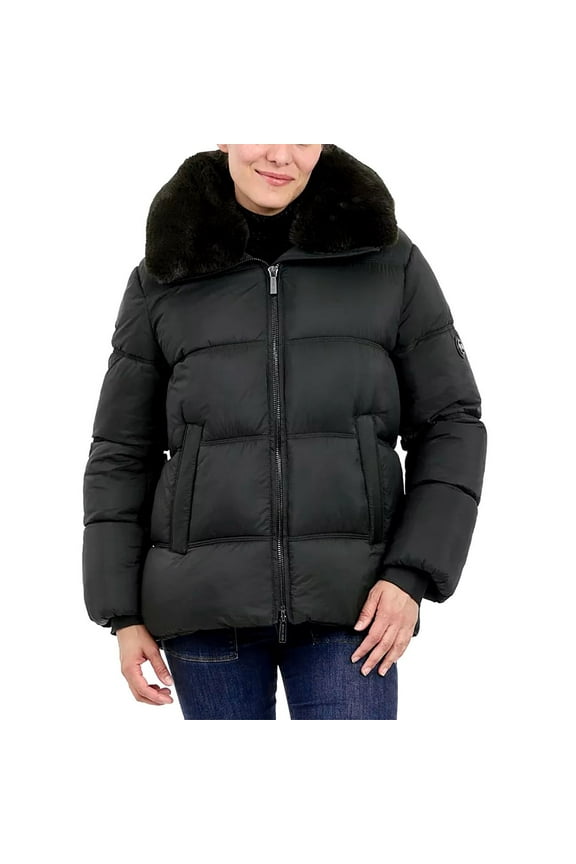 MICHAEL Michael Kors Women's Puffer Jacket with Faux Fur Collar (Black, S)