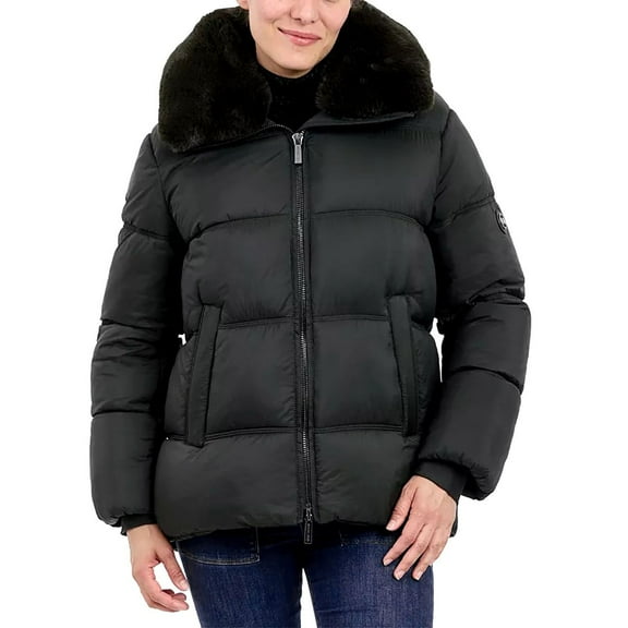 MICHAEL Michael Kors Women's Puffer Jacket with Faux Fur Collar (Black, XL)
