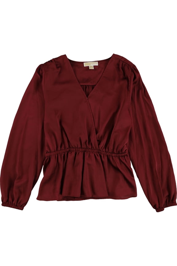 Womens Satin Faux Wrap Peplum Blouse, Red, X-Large