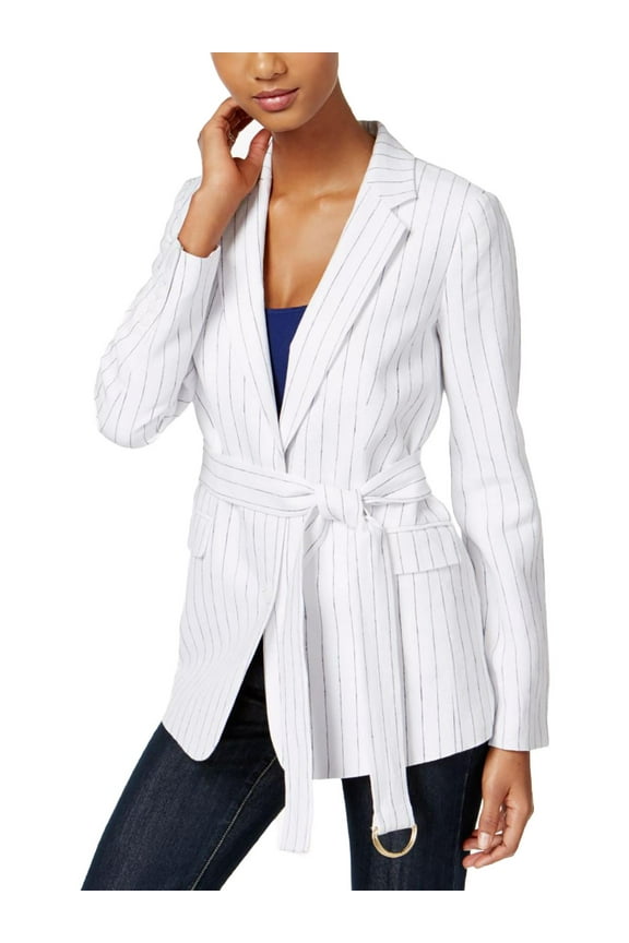 Linen Pinstriped Belted Blazer White 6