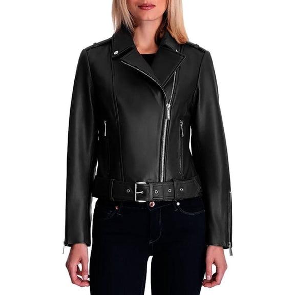 MICHAEL Michael Kors Womens Moto Genuine Leather Jacket with Belt (Black, L)