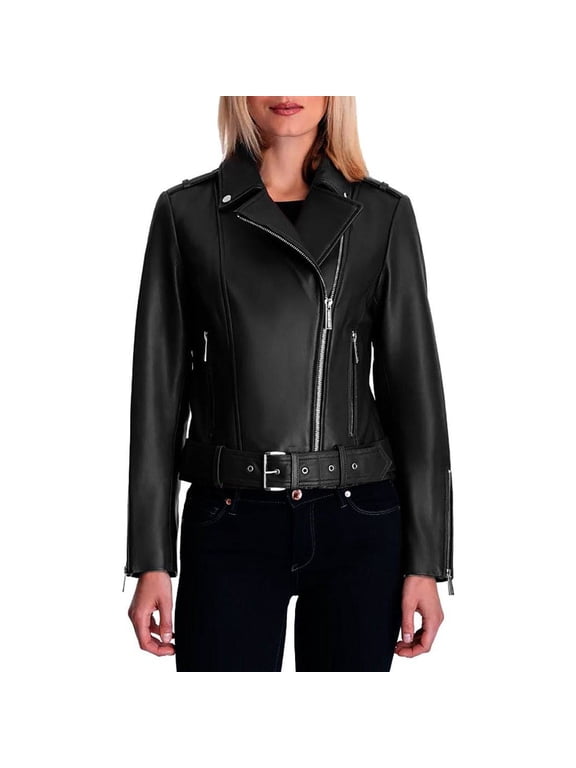 MICHAEL Michael Kors Womens Moto Genuine Leather Jacket with Belt (Black, L)