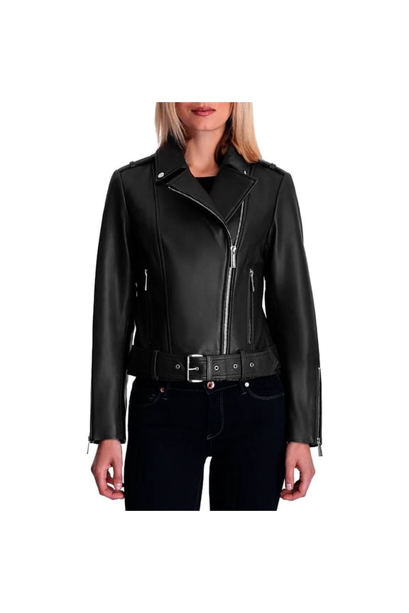 MICHAEL Michael Kors Womens Moto Genuine Leather Jacket with Belt (Black, M)