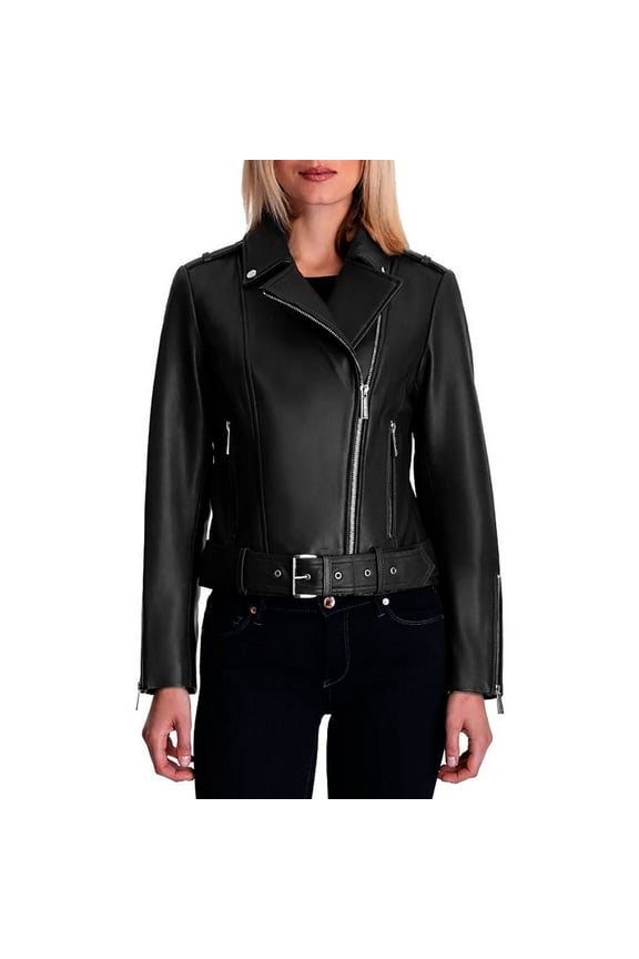 MICHAEL Michael Kors Womens Moto Genuine Leather Jacket with Belt (Black, XS)