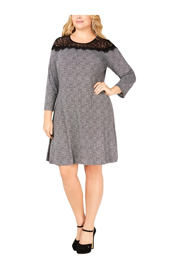 Womens Plus Houndstooth Lace Yoke Wear to Work Dress