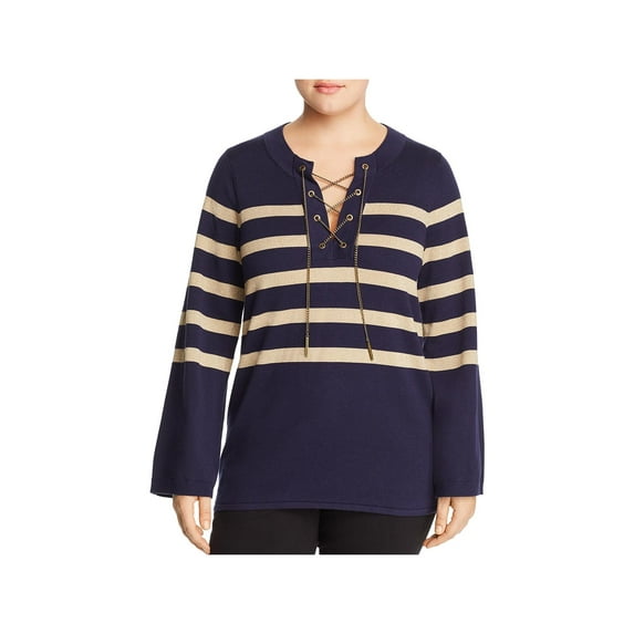 Michael Michael Kors Plus Size Split Neck Striped Top True Navy 3X