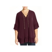 MICHAEL MICHAEL KORS Plus Size Ruffled Lace Up Top Cordovan 3X